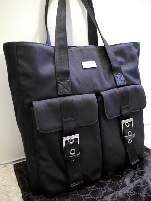 美品16万◆GUCCI グッチ 男女可 A4対応 ビジネス可 ナイロンキャンバスxレザー トート ハンド バッグ 黒◆ A4対応で通勤・通学にも大活躍♪