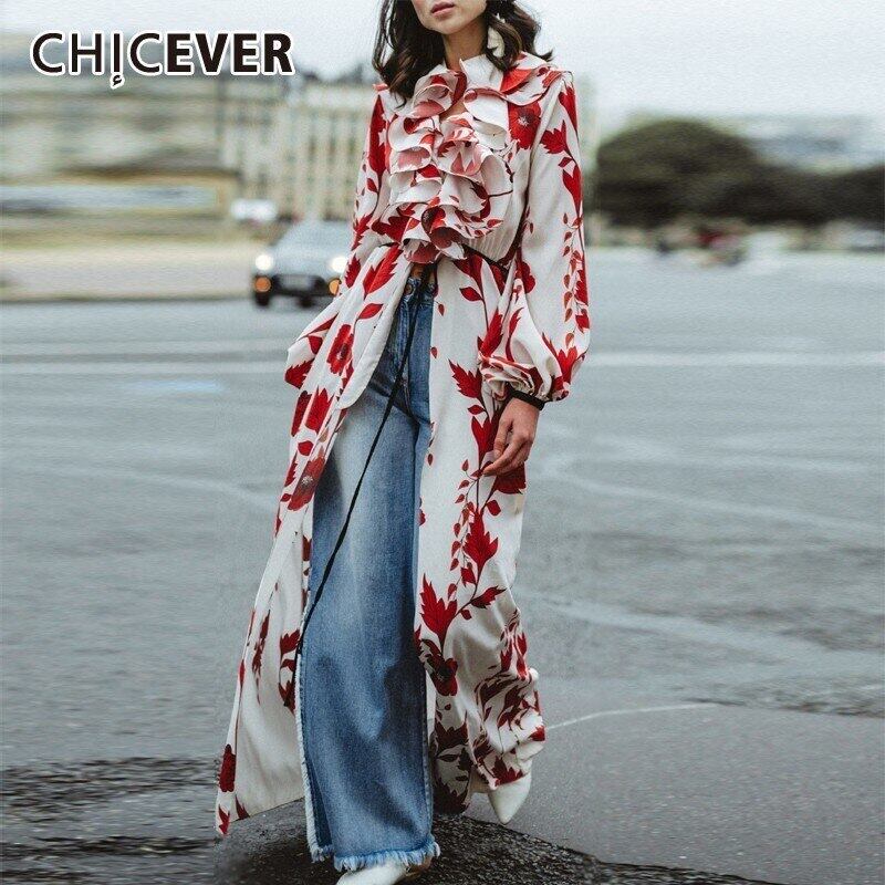 CHICEVERレッドプリントドレスレディーススタンドカラーランタン長袖ヒットカラーウエストフリル非対称ドレス2020 ロング ラッフル 6base570442773836