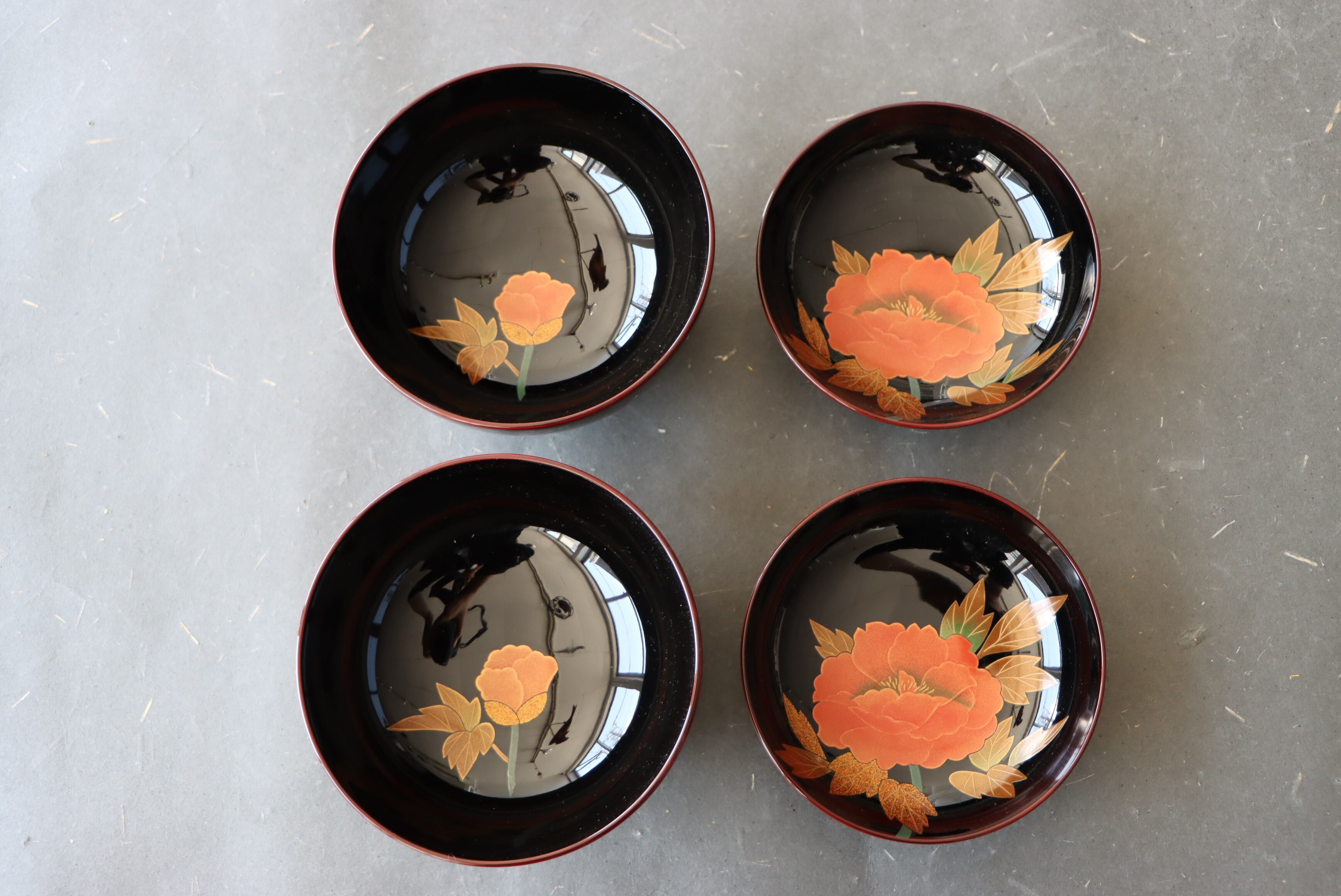 輪島塗 津田哲斎 溜塗 牡丹蒔絵 煮物椀 五客組 共箱 B/Wajima laquered