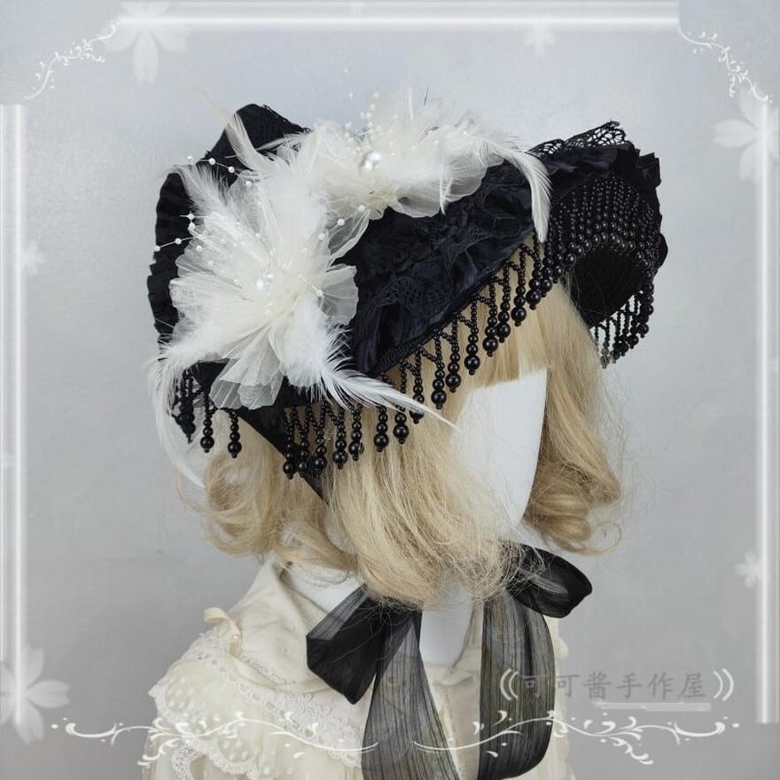 ゴスロリ ボンネット ヴィンテージ フェザー 羽毛 レース ハロウィン イベント パーティ