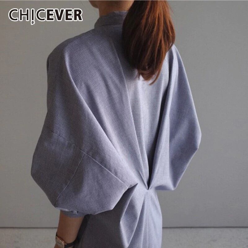 CHICEVER春のヴィンテージ女性のドレススタンド襟ランタンスリーブボタンプリーツAラインミッドカーフドレス2020 スプリング 春物 ビンテージ 6base549094717026