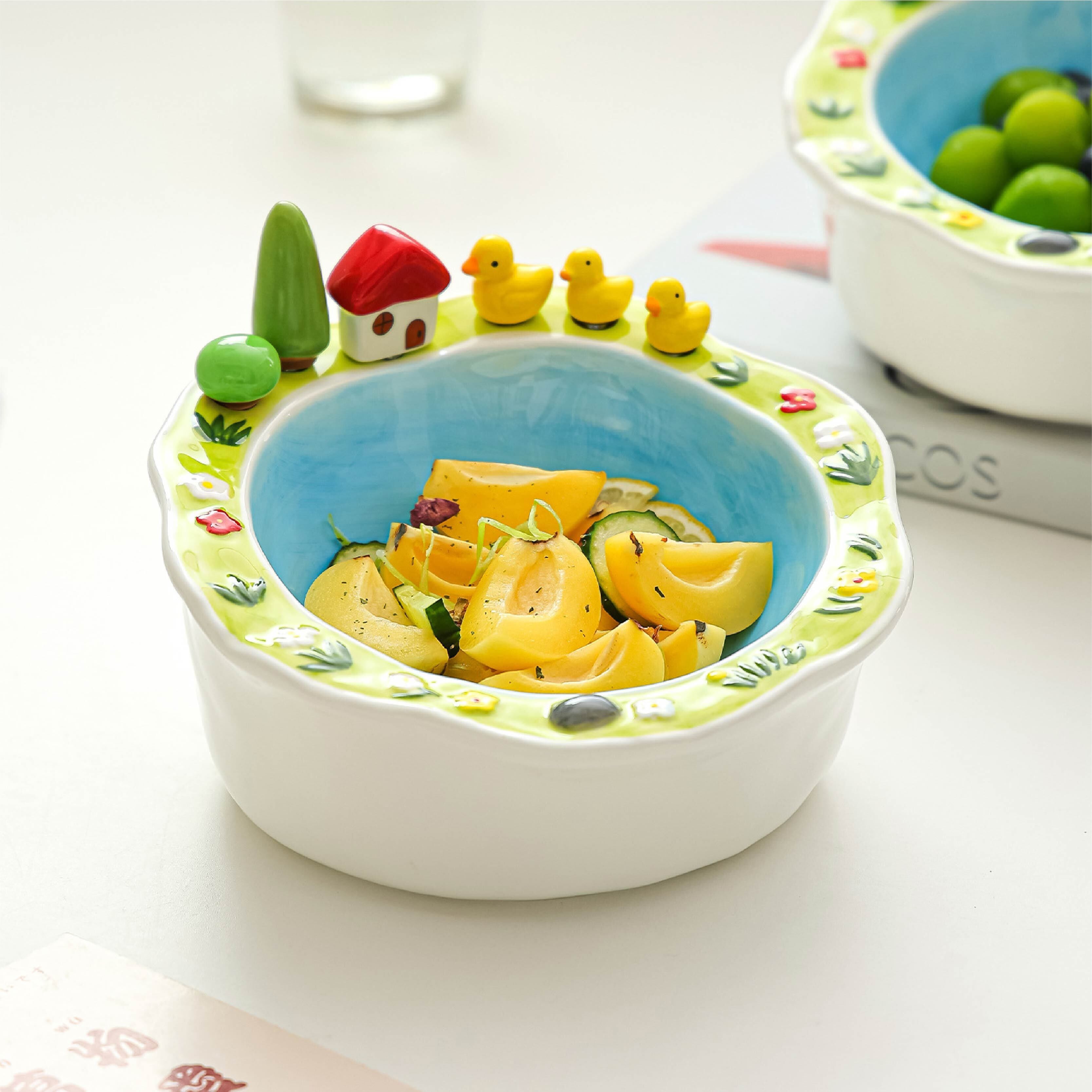 HY 655 . フルーツボウル ピック6本付き 陶器 約20.5cm 湖畔モチーフ
