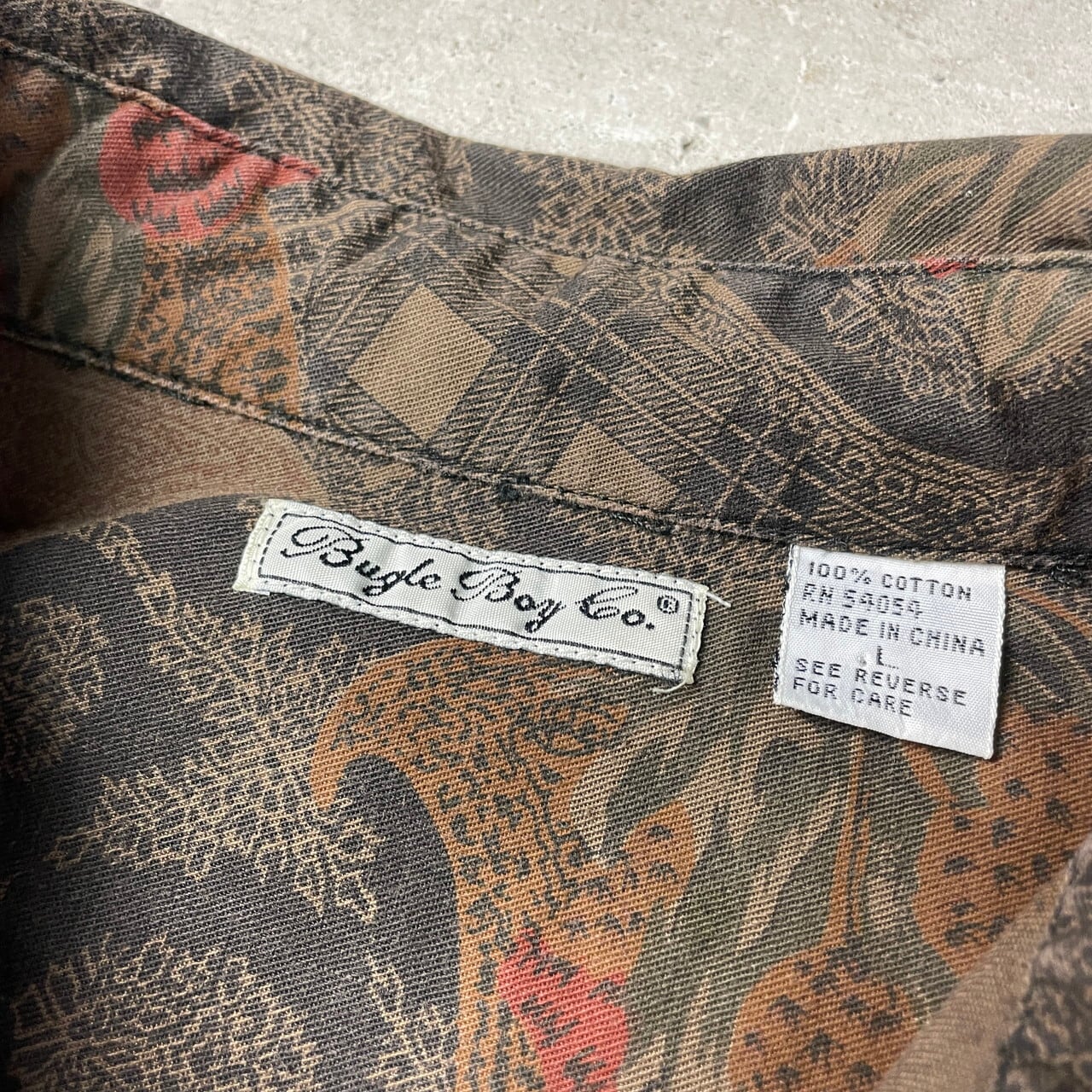 Bugle Boy Co. 総柄 長袖シャツ メンズXL相当 古着 ペイズリー 花 フラワー ブラウン系 ブラック 茶色 黒色 【長袖シャツ