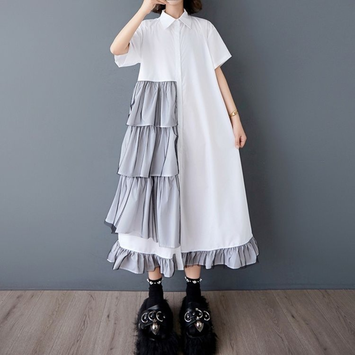 ASYMMETRIC FRILLED HALF SLEEVES A-LINE MIDI SHIRT DRESS 2colors M 