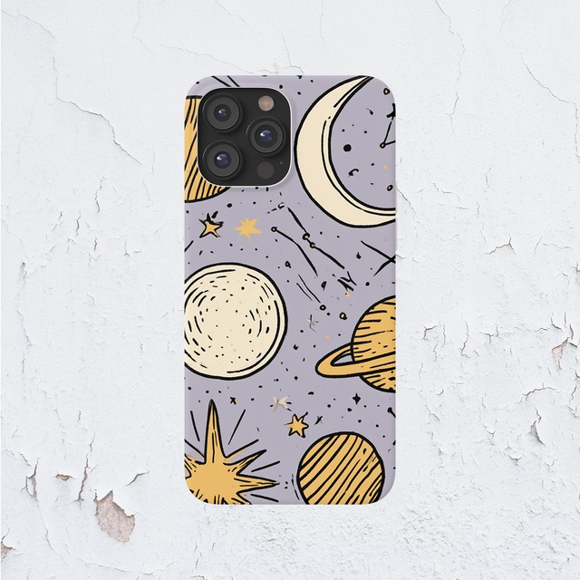 受注生産 iPhoneケース ラベンダー背景の月相星空柄｜星空柄 STAR068C