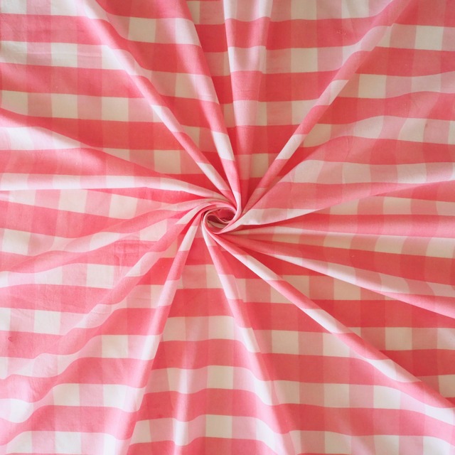 ブロックプリント生地【50cm単位】インド綿  チェック柄(大) 白×ピンク #49912-PK1