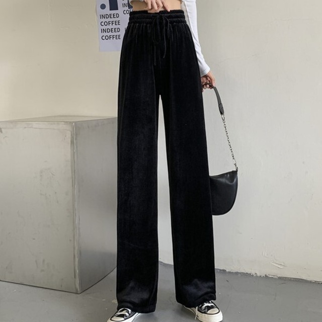ブラック ハイウエスト ワイドパンツ ゴールデン ベルベット 厚手 カジュアル パンツ