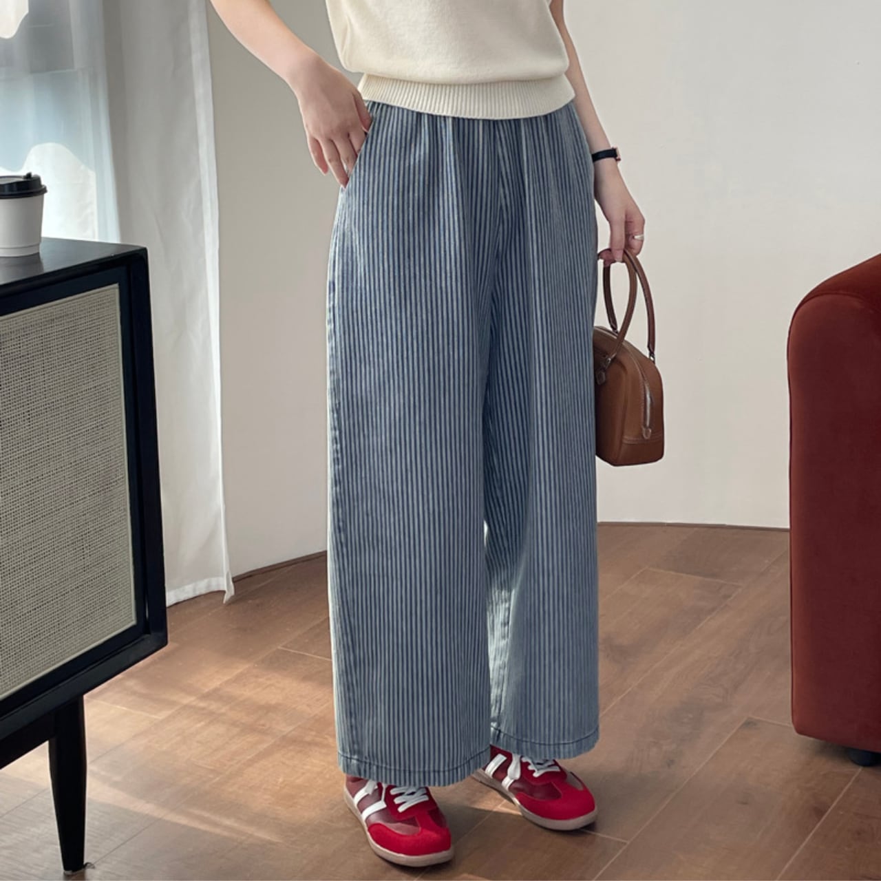ストライプ柄 ウエストゴム ワイドレッグパンツ Ln00084