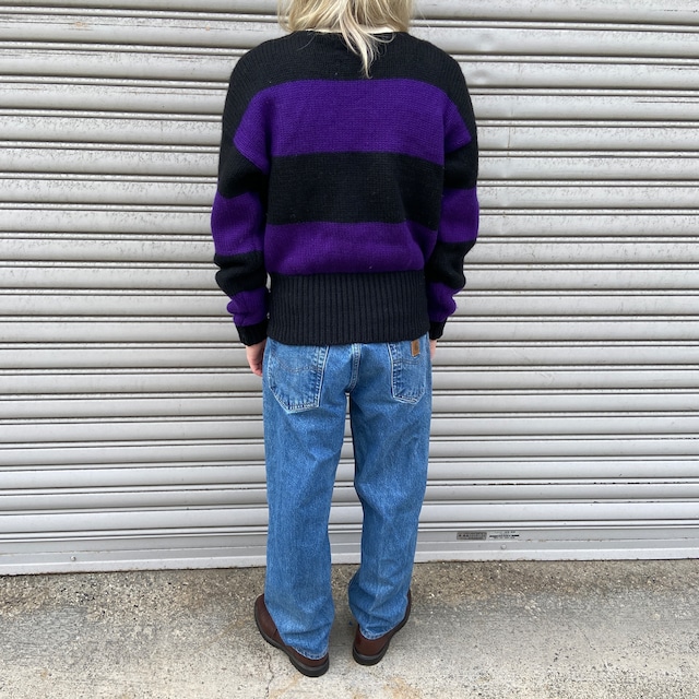 90s RalphLauren ボーダー柄ボートネックセーター　黒　紫　M