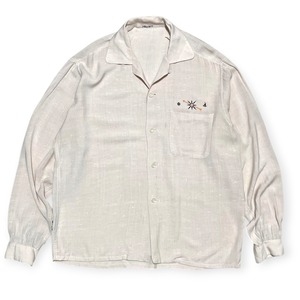50s｜Western Costume｜オープンカラーシャツ｜レーヨン ピンクベージュ 刺繍入り｜サイズL相当｜コンディションB