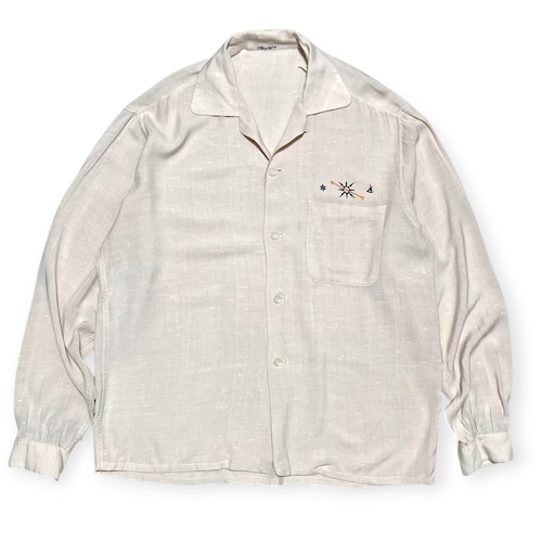 50s|Western Costume|オープンカラーシャツ|レーヨン ピンクベージュ 刺繍入り|サイズL相当|コンディションB