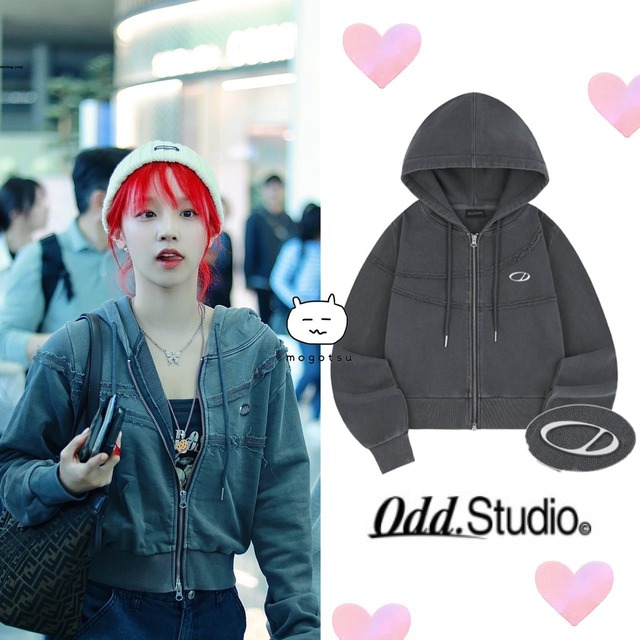 ★(G)I-DLE ウギ 着用！！【ODD STUDIO】Pigment Cut-Off Hoodie Zip-Up - charcoal