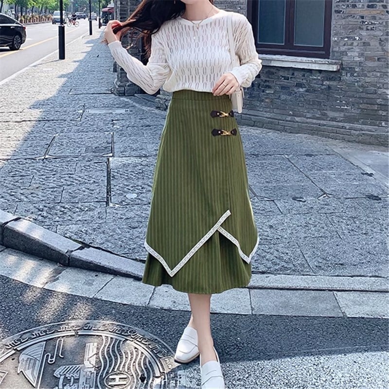 スカート ストライブスカート ミモレ ミモレ丈 Aライン ワードスカート ハイウエスト かわいい 大人可愛い きれいめ シンプル カジュアル 大人 上品 おしゃれ お洒落 かっこいい こなれ感 ラブリー キュート ガーリー クール 主役級 存在感 無地 冬 20代 30代 40代 レディース 女性用 ママ デート お出かけ 女子会 休日 パーティー イベント 旅行 ホテル ショッピング 着回し 普段使い お揃い 双子 韓国 韓国系 オルチャン ファッション コーデ スタイル 暖かい S M L XL 緑