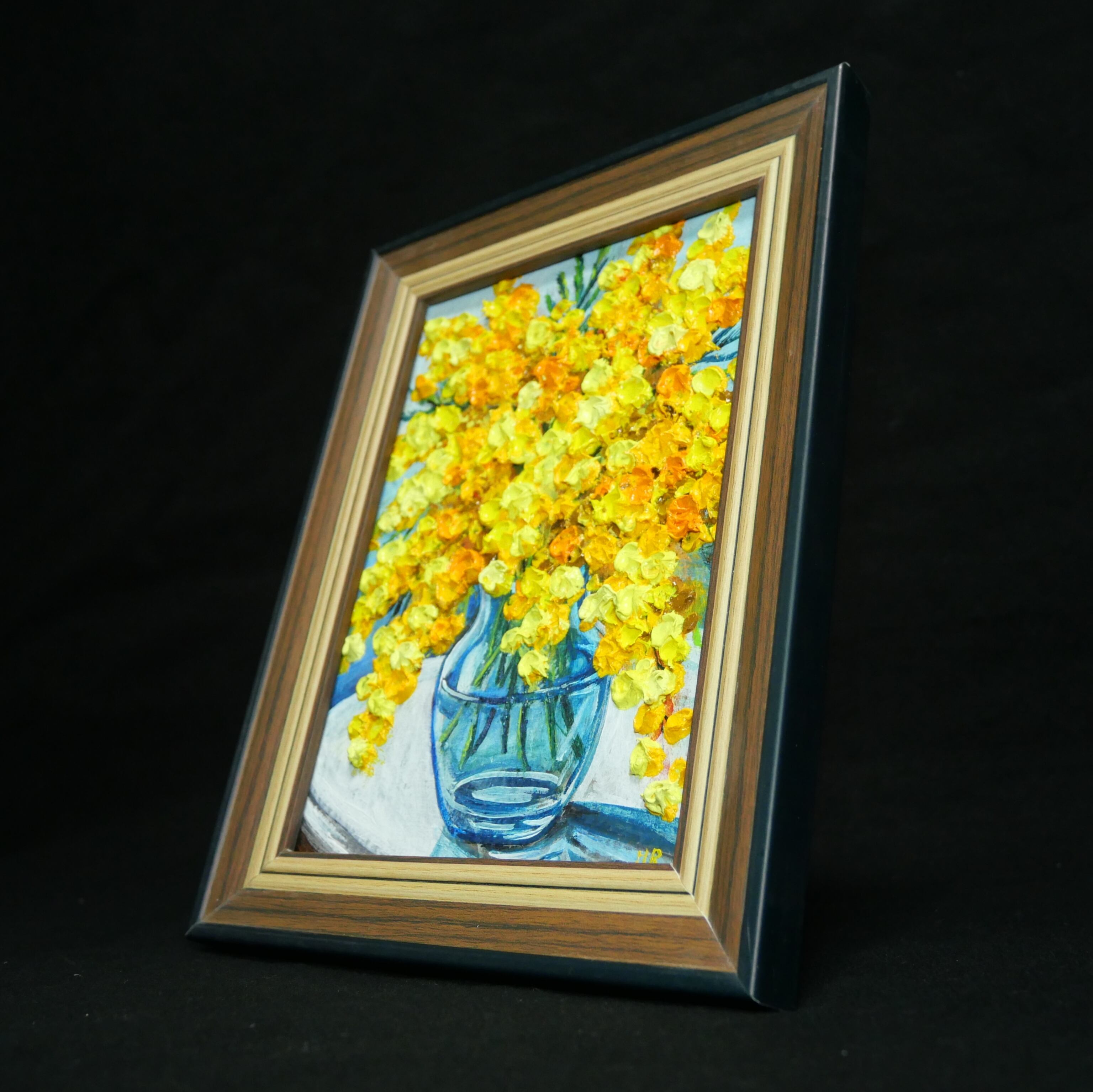 油絵 油彩 油彩画 絵 絵画 ミニ絵画【春を告げる、幸せの黄色い花束
