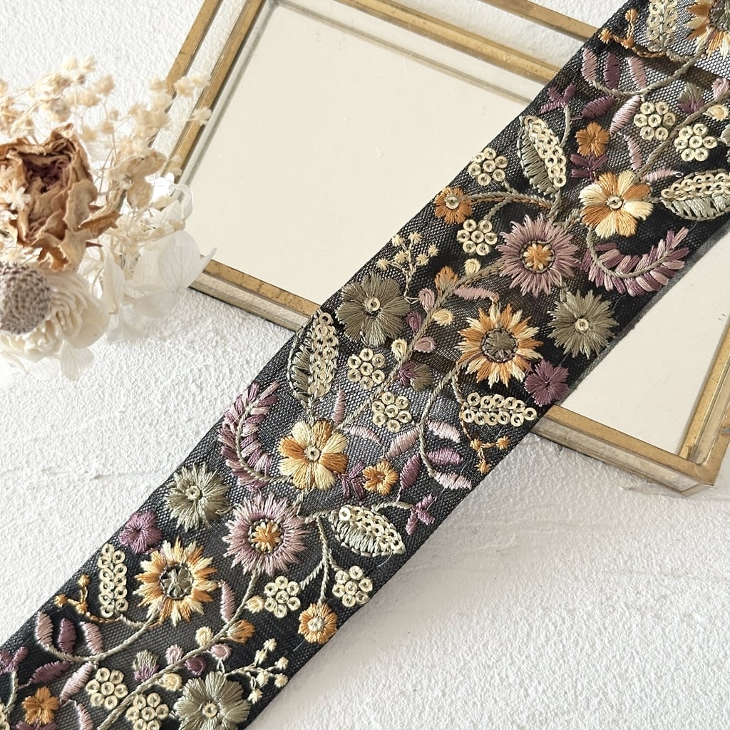 ミックスガーデン[イエローブラック] インド刺繍リボン 3375 | インド