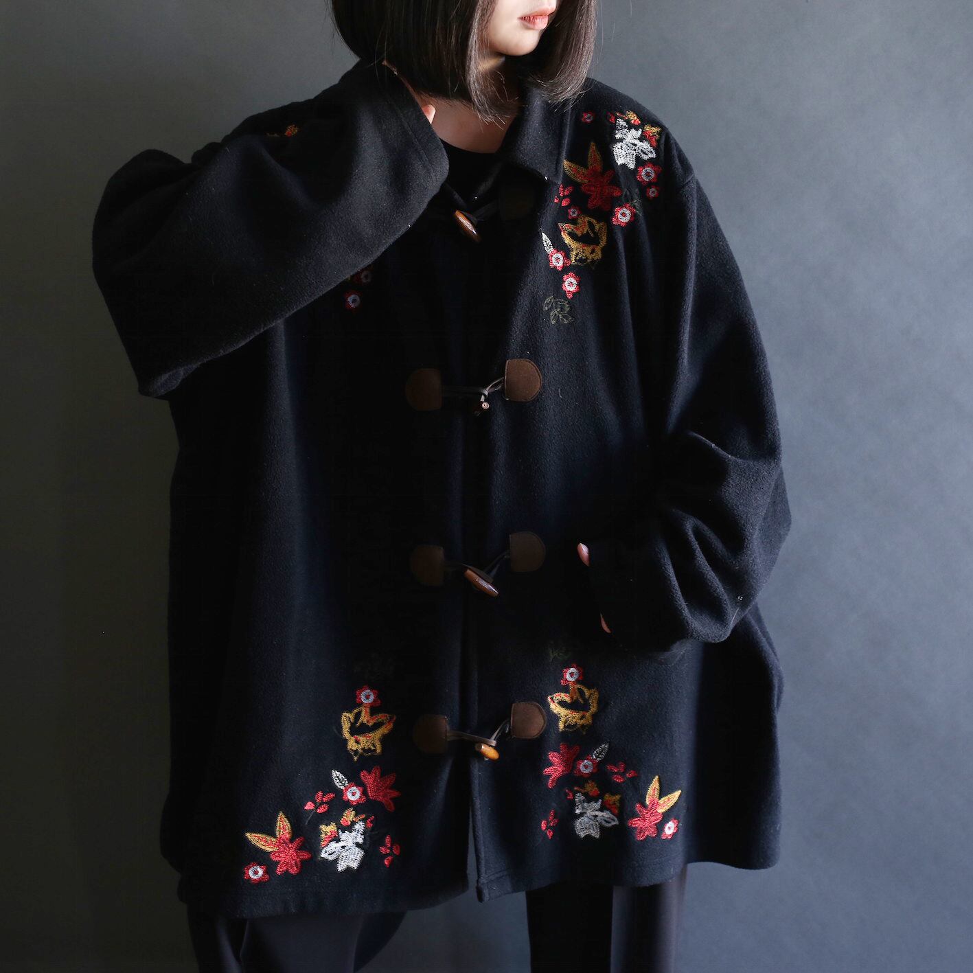 flower embroidery wide silhouette fleece duffle coat