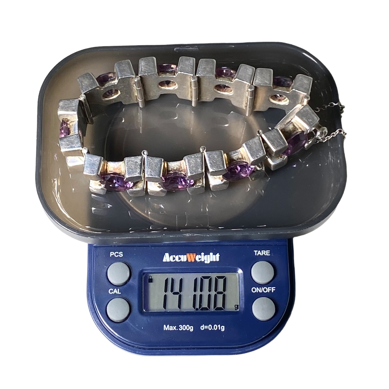 vintage Mexican super heavy gauge silver bracelet set with big purple rhinestone