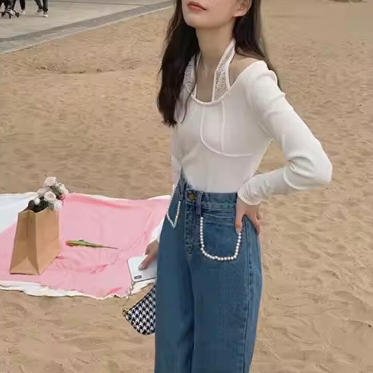 ガーリーパールストレートデニム