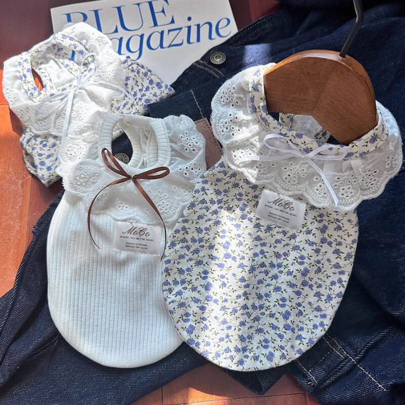 レース襟のコットンカットソー(ホワイト/ブルー) 犬服 00640