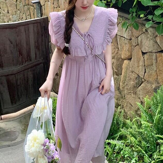 ワンピース レディース Vネック S M L XL 2XL 3XL 大きいサイズ フリル ロングワンピ ワンピドレス ミモレ丈 ロング丈 ビックカラー 半袖 五分袖 Aライン フリル 切り替えデザイン 薄手 かわいい 大人可愛い カジュアル 大人 おしゃれ レトロ 大人女子 こなれ感 ラフ ラブリー キュート ガーリー 個性的 送料無料 抜け感 水玉 夏 10代 20代 30代 OL 学生 デート お出かけ 女子会 休日 街歩き 散歩 着回し 普段使い 韓国系 ファッション モテ 体型カバー パープル 紫