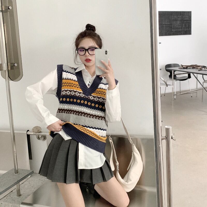 Vネックレトロルーズアウターウェアニットベストベスト女性の2020年秋新しいストライプアウターセーターベスト ブラックストロベリース25209076748