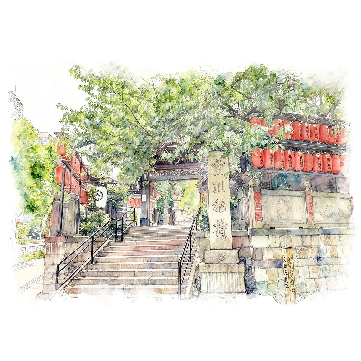 絵画 風景画(街並み) 日本 東京都 豊川稲荷東京別院 インテリアアート額付き 水彩画・油絵風 WAT1511