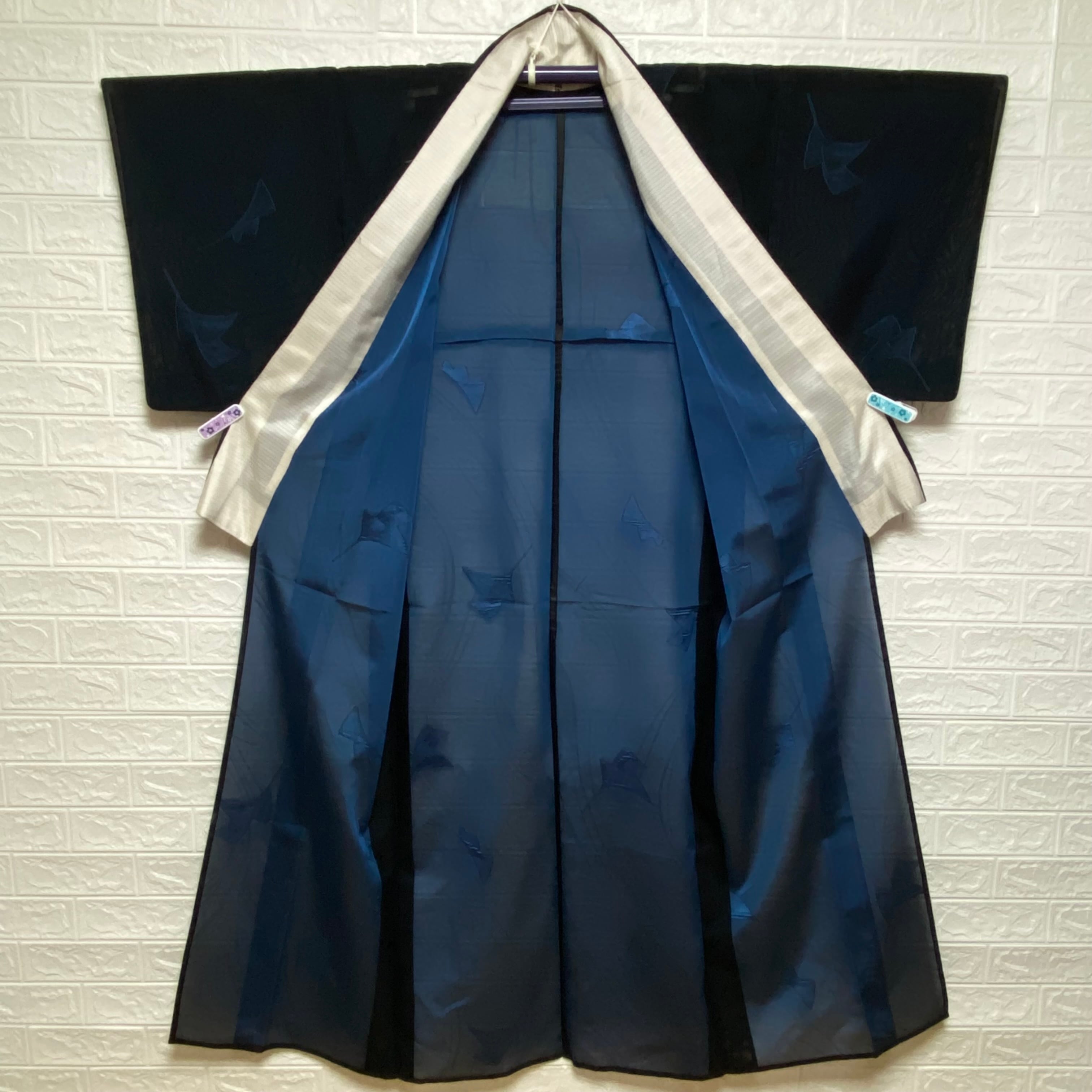 薄物 紗】夏着物 小紋 葉模様 黒色 紺色 着物 和洋 清涼感 昭和レトロ