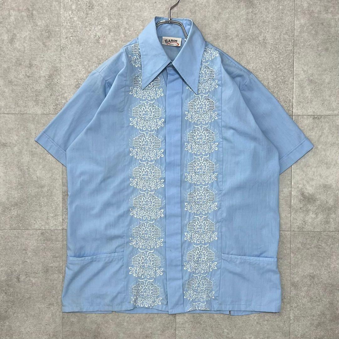 希少デザイン メキシカンシャツ キューバシャツ 70s デカ襟 半袖 希少デザイン メキシカンシャツ キューバシャツ 70s デカ襟 半袖