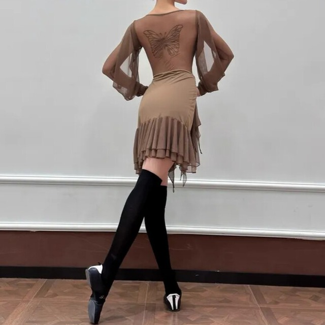 ロングスリーブ スリットスカート ミニアシンメトリー ダンスドレス  ds1441