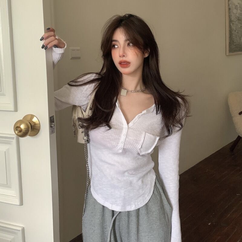 スリムボタンVネックショートTシャツ シャツ トップス スプリング ロング 春物 YY-ファッション70516642378