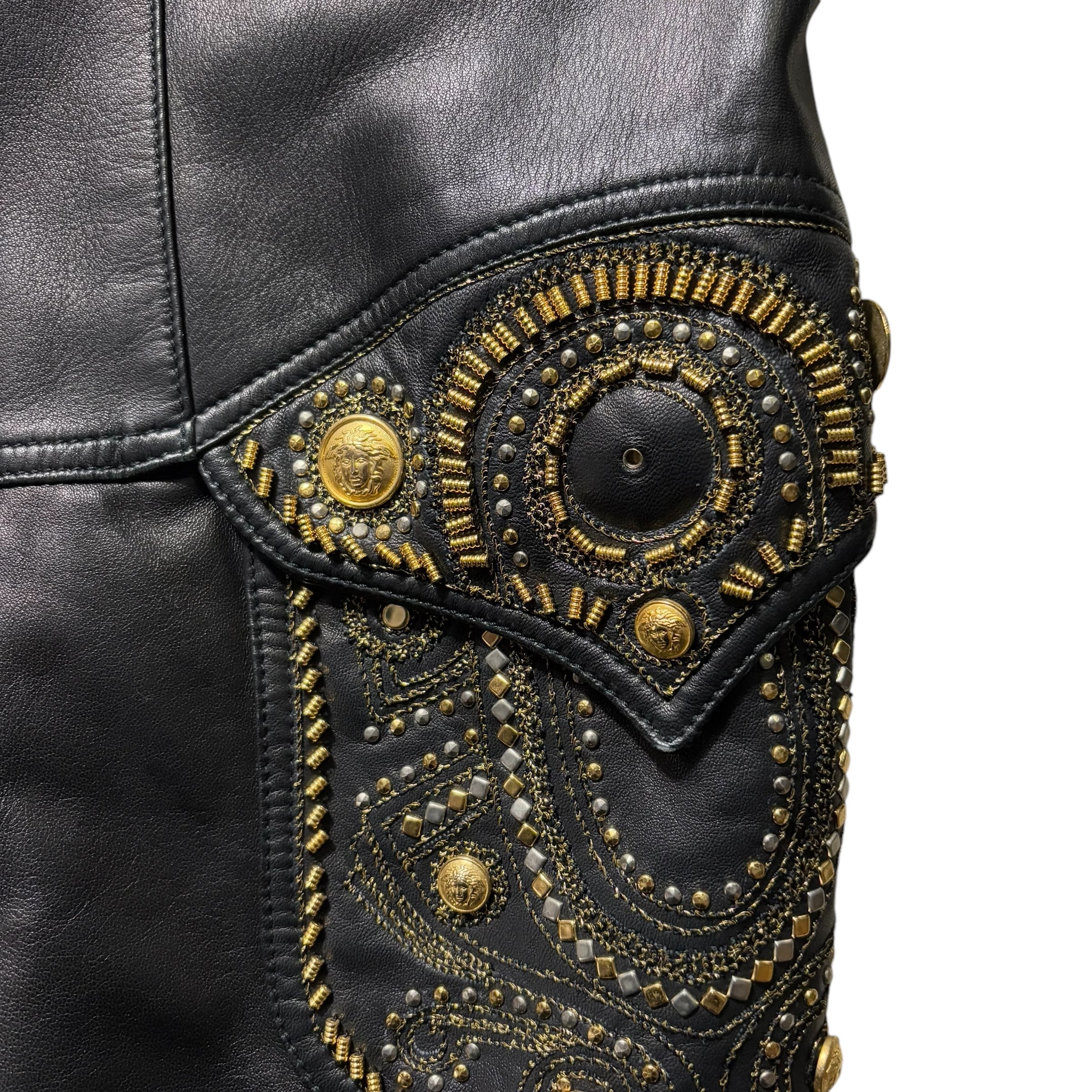 vintage 1993SS GIANNI VERSACE gold studs black leather tailored