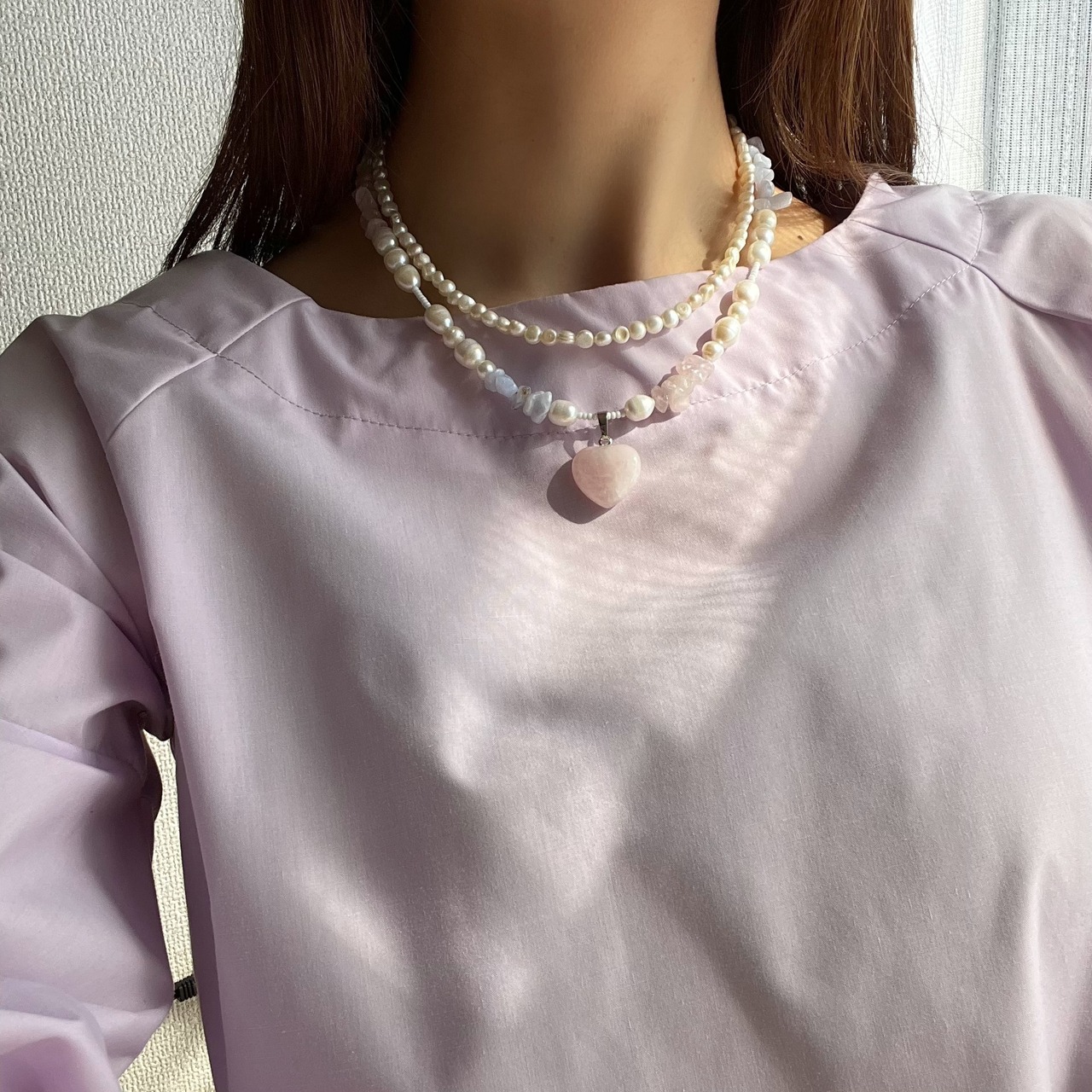 ［ ローズクォーツ ］淡水パール×天然石　ハートチャームネックレス ［GSN046］