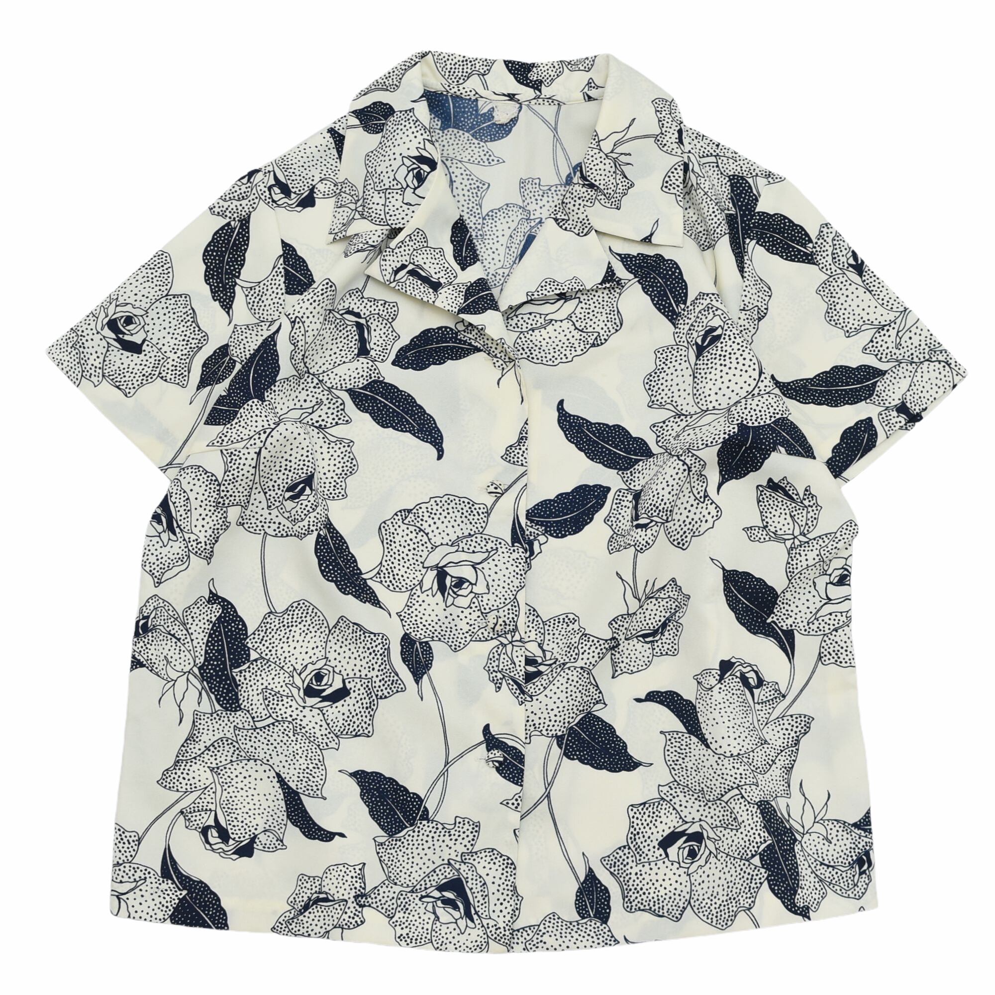 Vtg monochrome flower open collar shirt | 古着屋 grin days