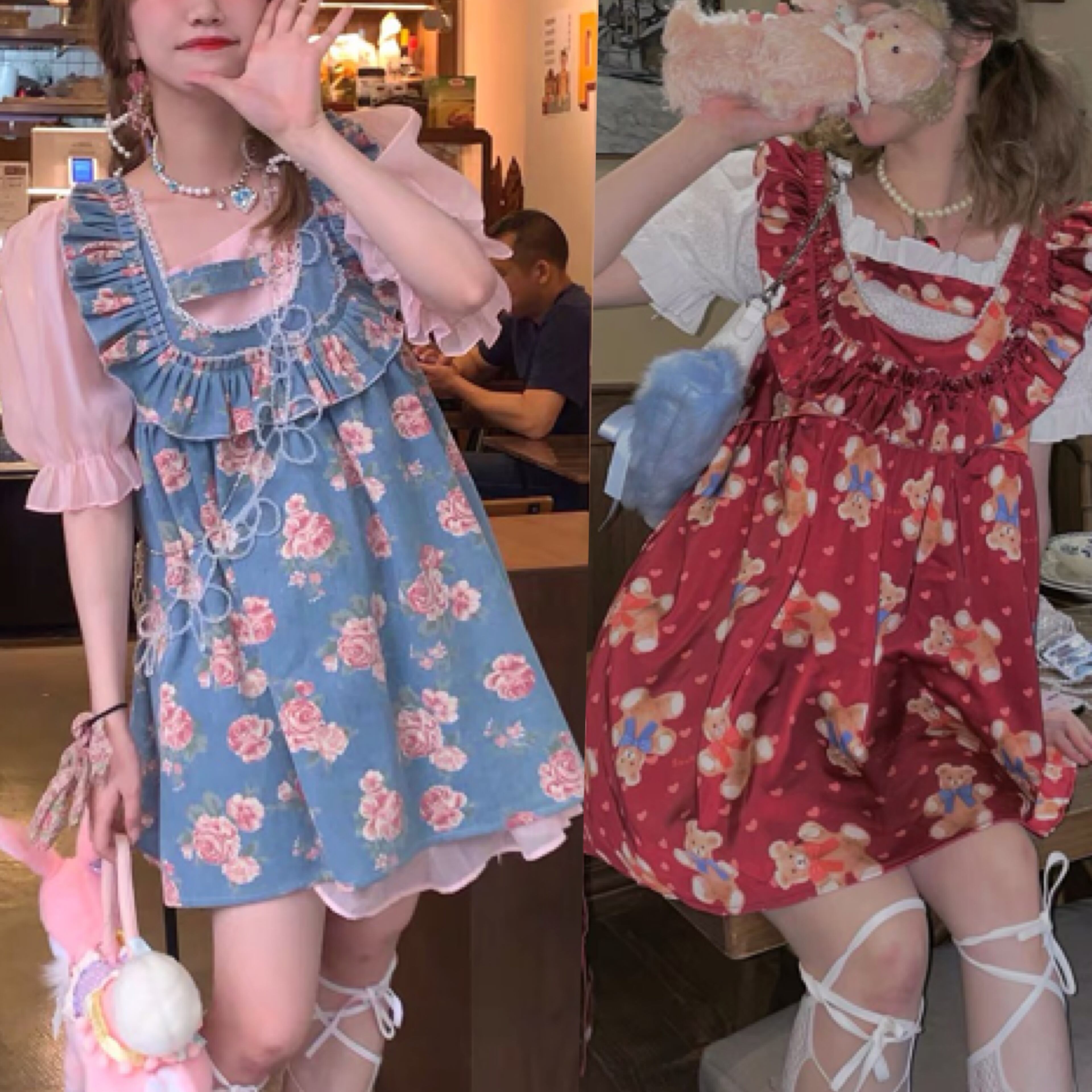 2カラー 】赤 デニム くまさん ワンピース ガーリー シンプル ゆったり 
