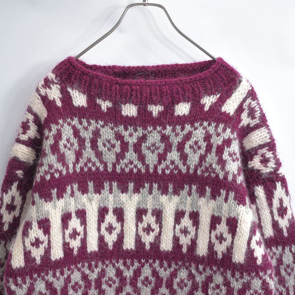 Handmade design フェアアイル柄 総柄 デザイン ハンドメイド ウール ニット セーター マゼンタ ヴィンテージ ビンテージ 古着 メンズL相当