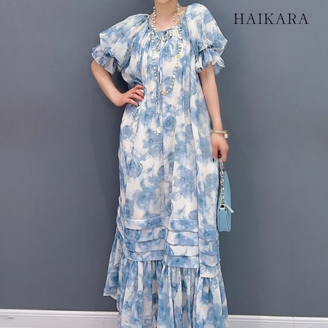 Floral pattern elegant puff sleeve dress