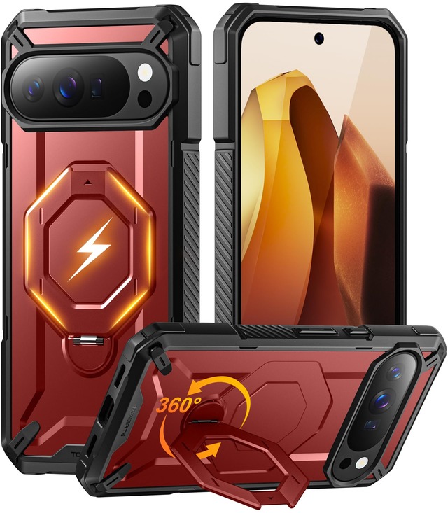 TONGATE Google Pixel 10 Pro XL ケース 360°回転マグネットスタンド付き、MagSafe対応、滑り止めエッジ、頑丈、Pixel 10 Pro XL用 軍用規格保護ケース、レッド