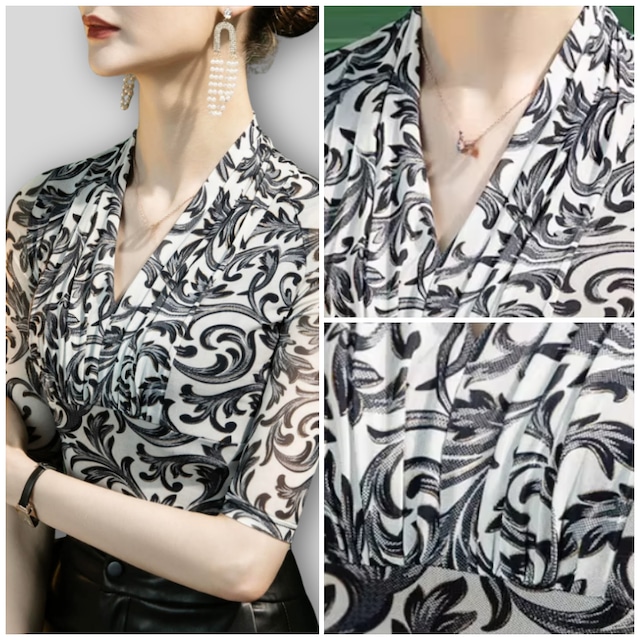 アラベスクプリント ギャザーネック Vライン トップス 1col D00594