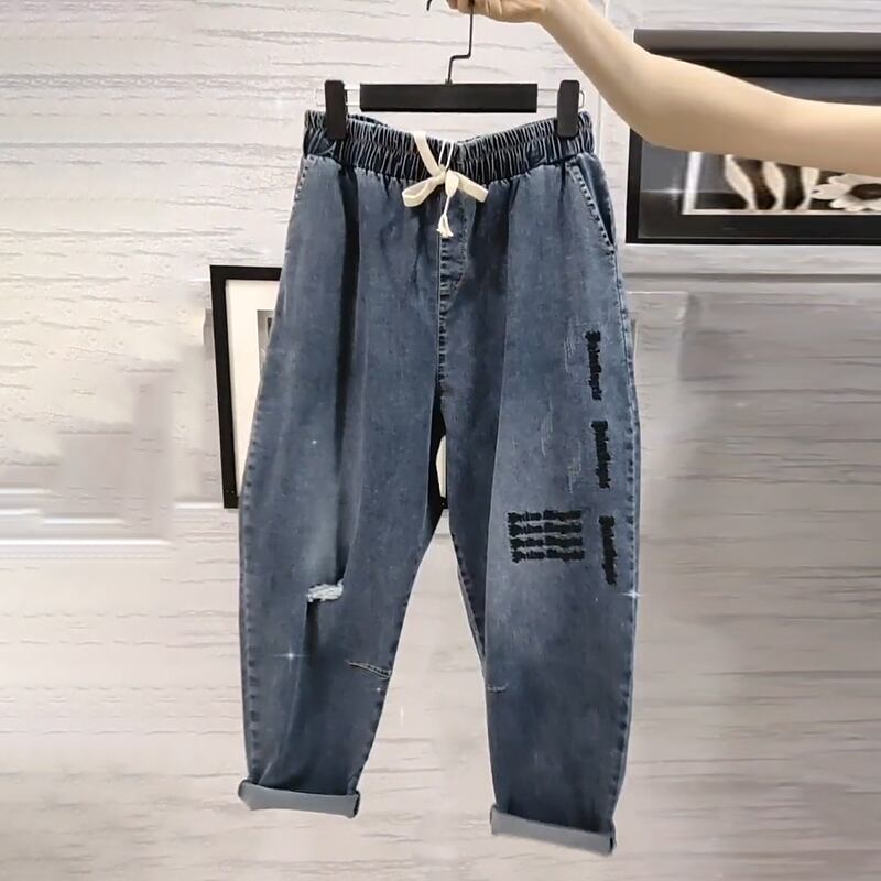 ジーンズ サマー薄手ハイウェストウェストルーズカジュアル 大きめサイズ 夏物 ミックスインファッション98412364168