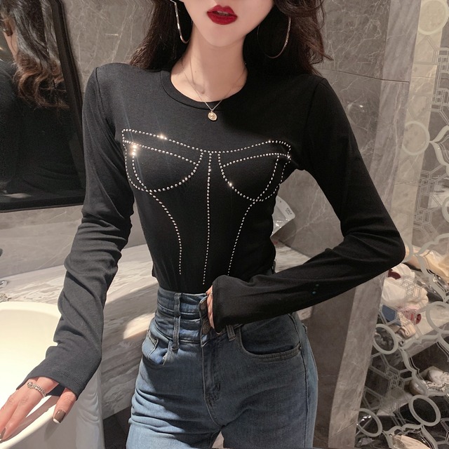 ラインストーンTシャツ シャツ オータムラウンドネックショートトップス ロング 秋物 Oネック Xiaofeijia31372710376