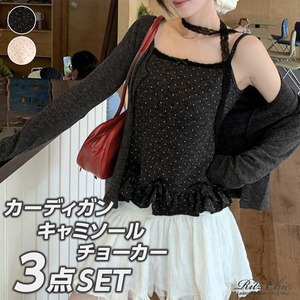 アンサンブル レディース 春夏 韓国 レトロ ガーリー 3点セット カーディガン キャミソール レース チョーカー付き ドット柄 フリル ショート丈 長袖 伸縮性 着回し 冷房対策 デート [LS-CGT152]