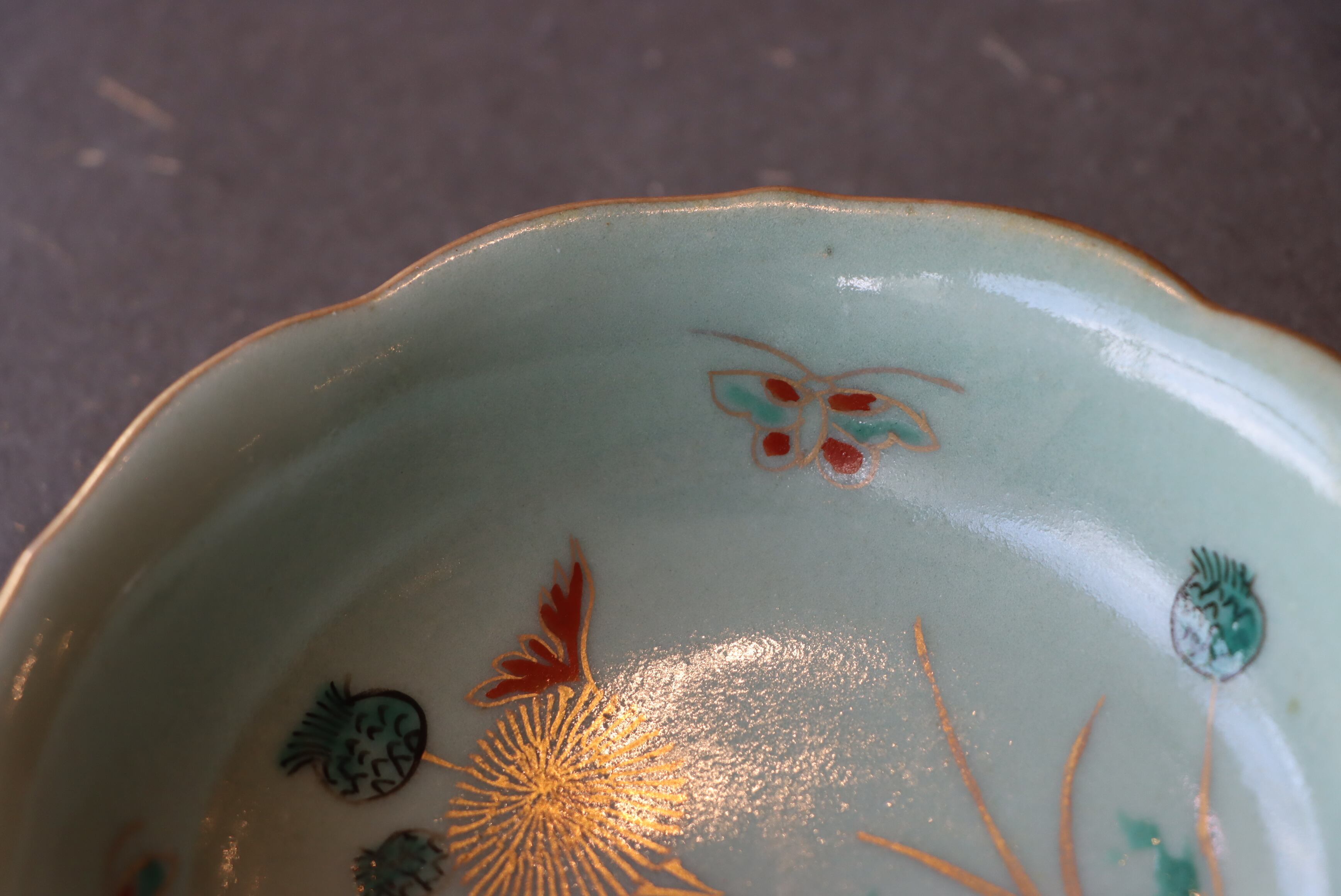 古伊万里 青磁 たんぽぽに蝶文 向付 五客組/Old Imari cup set of 5