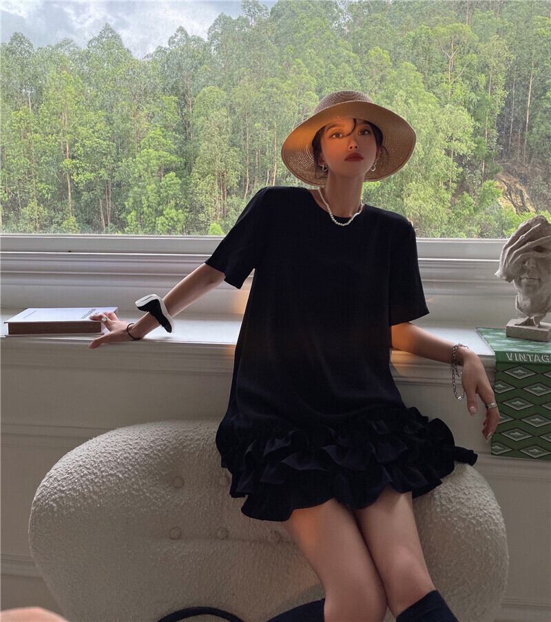 ルーズTシャツ ドレス サマーショートスカート ブラック 夏物 ブラックストロベリース11308012733