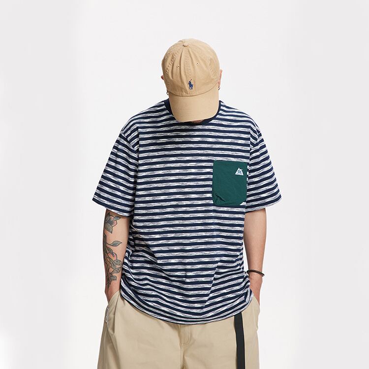 ★COLLAR POCKET ROUND NECK STRIPED T　　　A0637