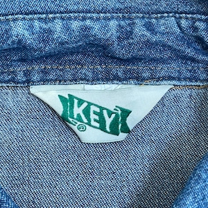 【KEY】70s 80s USA製 三角 刺繍タグ デニムシャツ ウエスタンシャツ 長袖シャツ フラップポケット 2XL相当 ビッグシルエット ヴィンテージ US古着