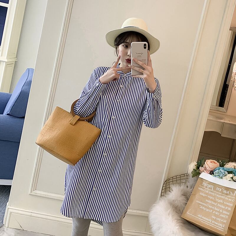 【新作】【送料無料】 マタニティウェア2020秋と冬の新しいトレンディなマザーストライプスタンドアップカラードレスミドル丈ドレス妊婦-アリババ オータム 秋物 ウィンター 冬物 expec29565089870