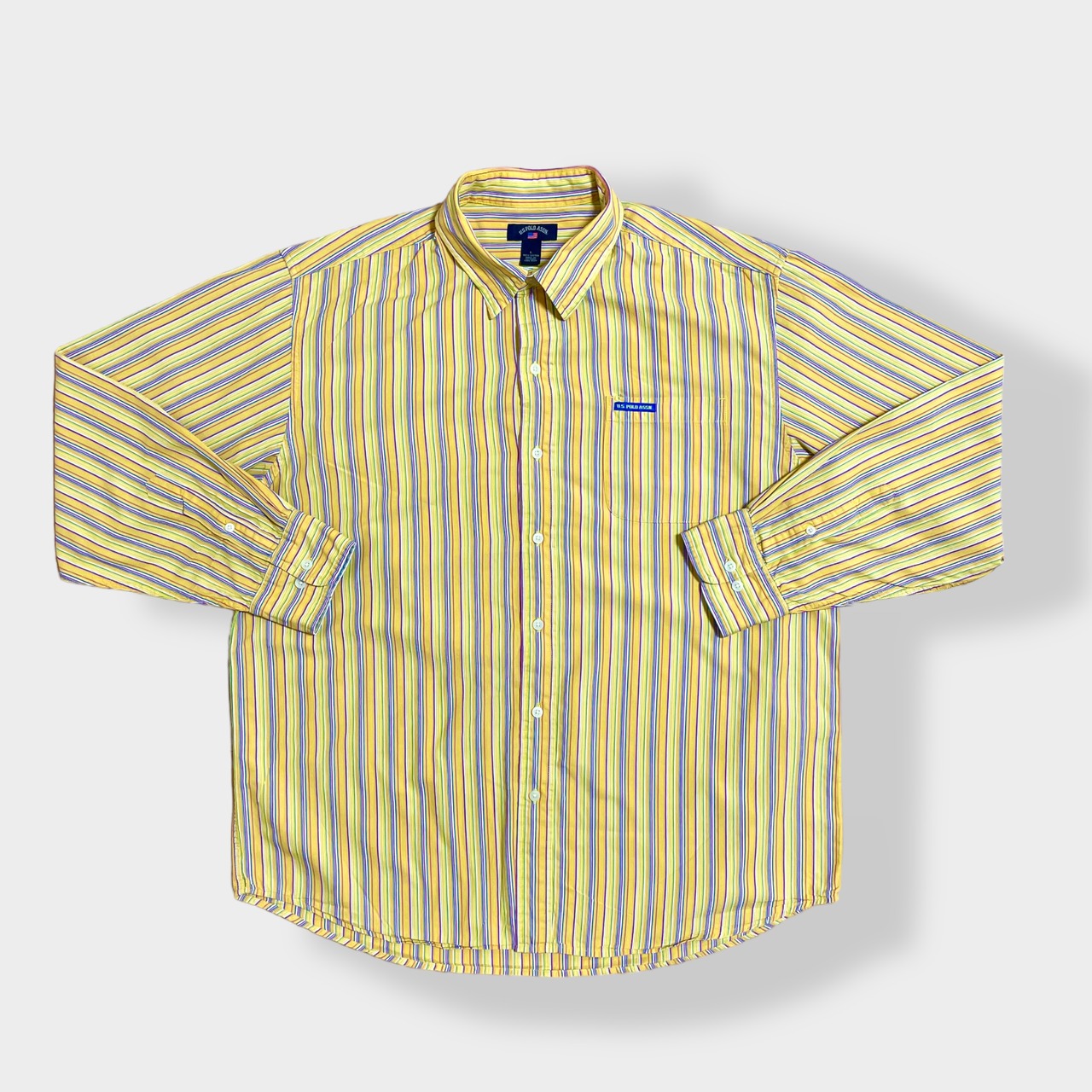 【U.S. POLO ASSN】ストライプシャツ 長袖シャツ カジュアルシャツ コットン イエロー マルチカラー 柄シャツ L ユーエスポロアッスン 春物 US古着