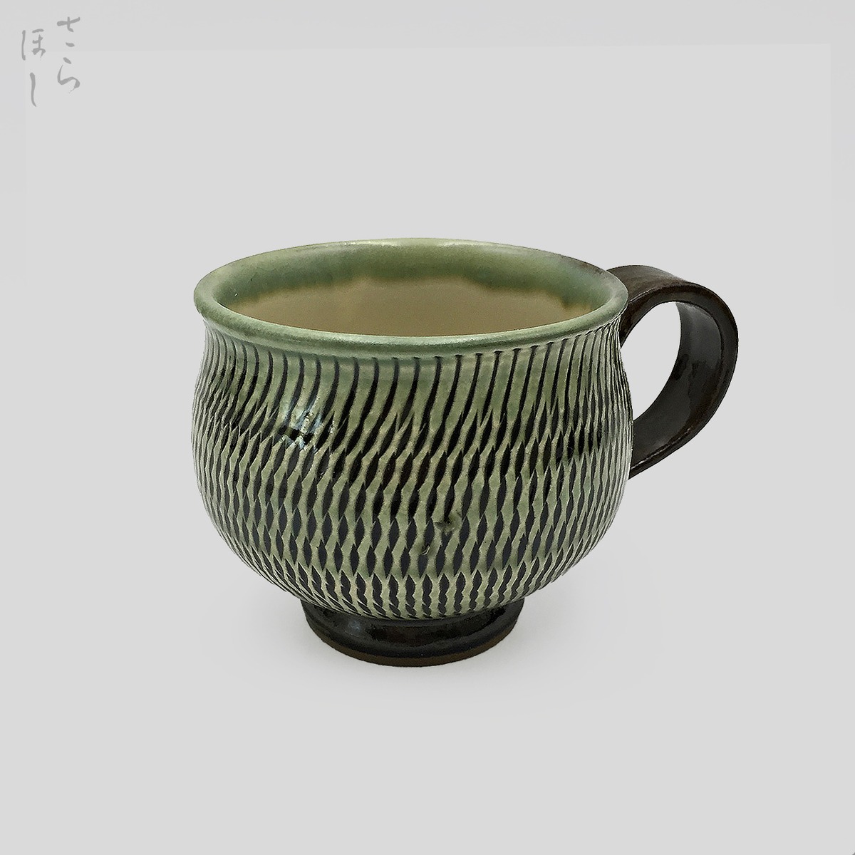 小鹿田焼 小袋窯 3寸マグカップ 飛びかんな 緑 口径約9cm 陶器 和食器 