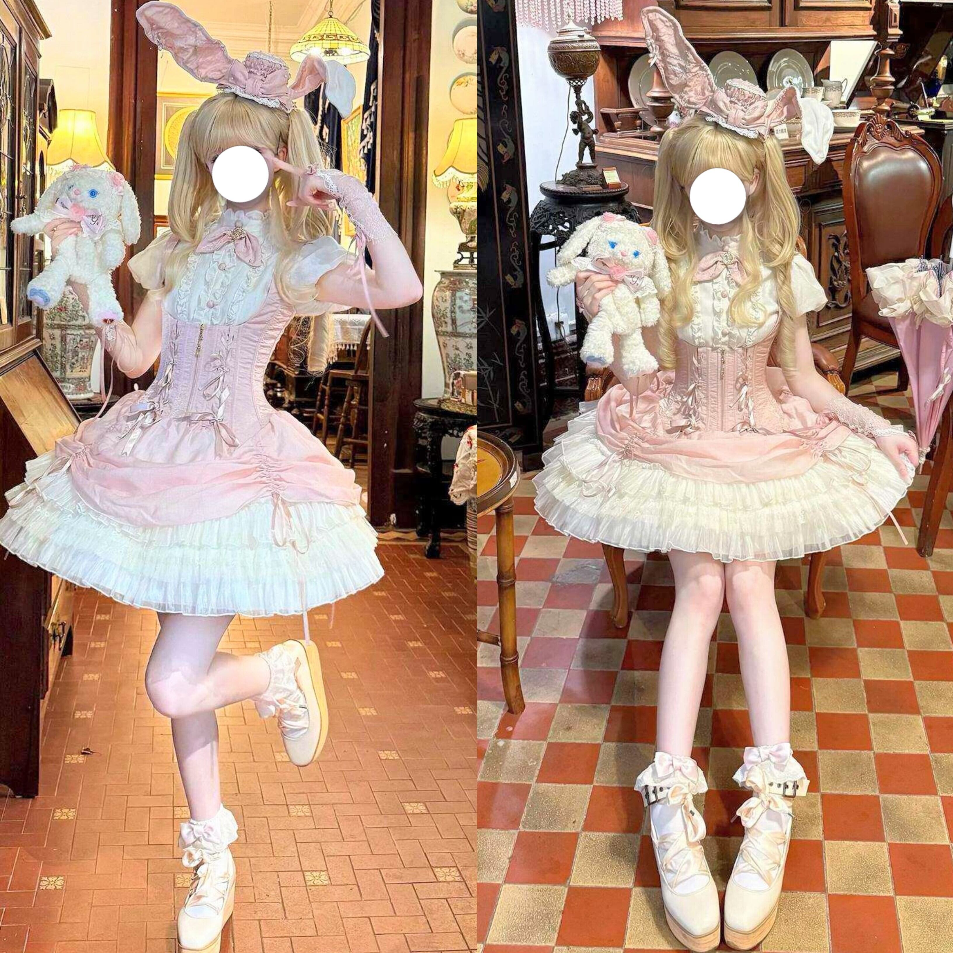 ロリータ 甘ロリ バニー ブラウス ジャンスカ ハット セット 4color