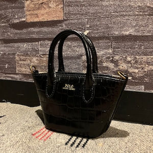 RALPH LAUREN CROCO EMBOSSED LEATHER MINI BAG BLACK